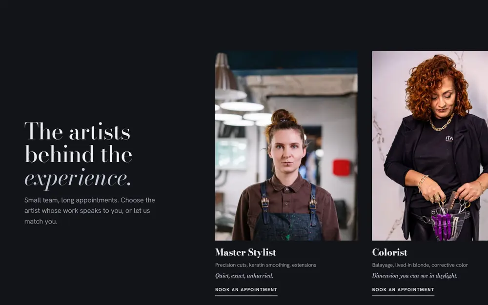 The artists section: stylist role cards on the graphite ground