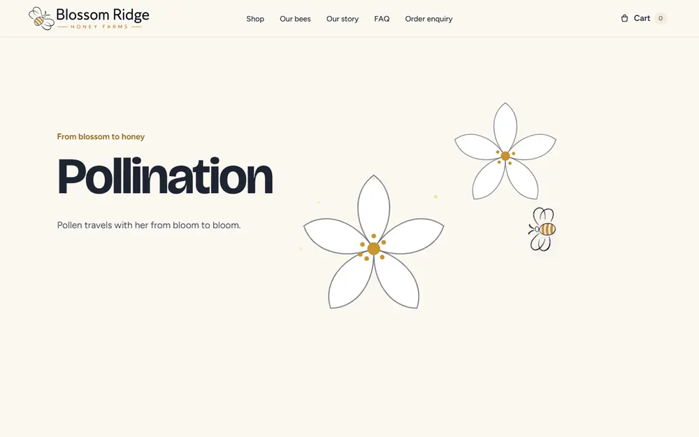 The pollination stage: the bee crossing between line-drawn blossoms