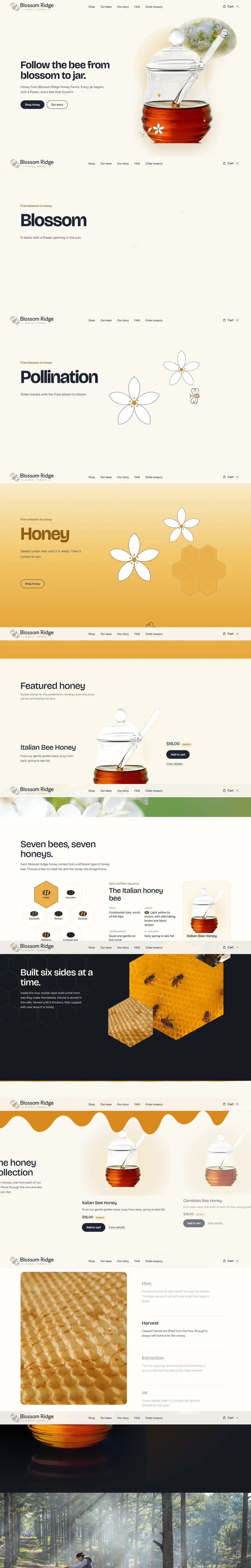 The Blossom Ridge Honey Farms website, top to bottom