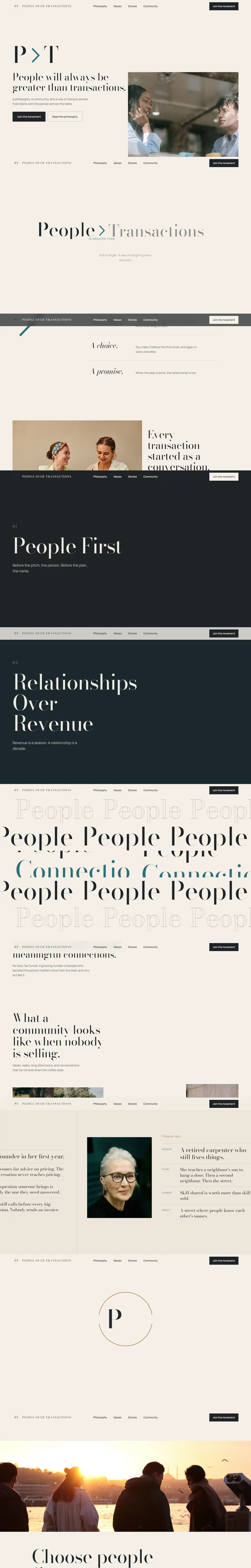 The People Over Transactions website, top to bottom