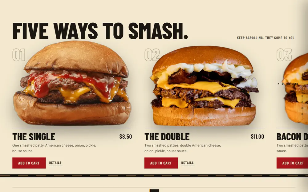 Five ways to smash: the signature burgers on the road strip, each with price and Add to cart