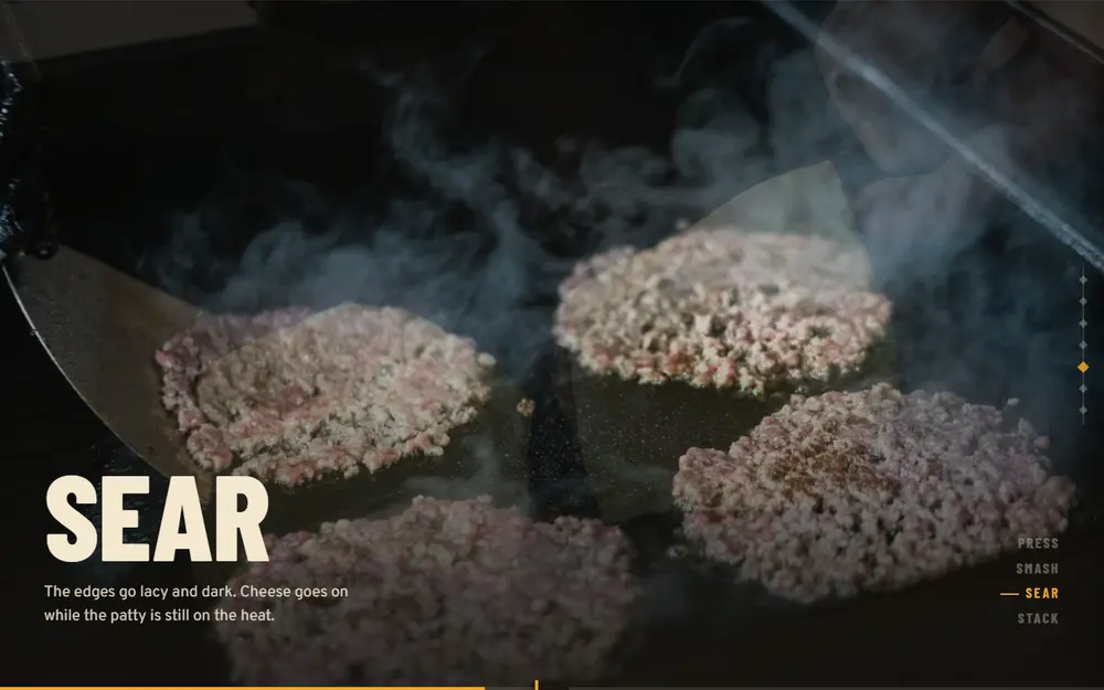 The Sear beat: patties on a hot griddle with the step title set large